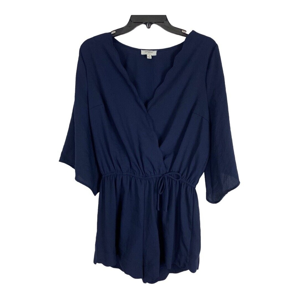Umgee Womens Romper Shorts Size Small Blue Elastic Waist Scalloped 3/4 Sleeve S